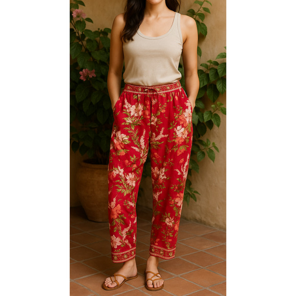 Sundance Pants - Sundance Boho Cotton Pull On Pants Floral Red Drawstring Lounge Women’s Large